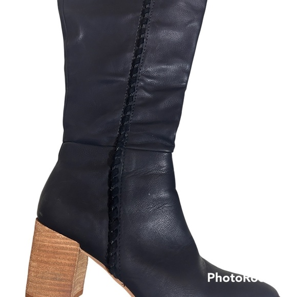 Ccocci black leather knee high pointed toe stacked wooden heel boots 8.5 - Picture 2 of 8